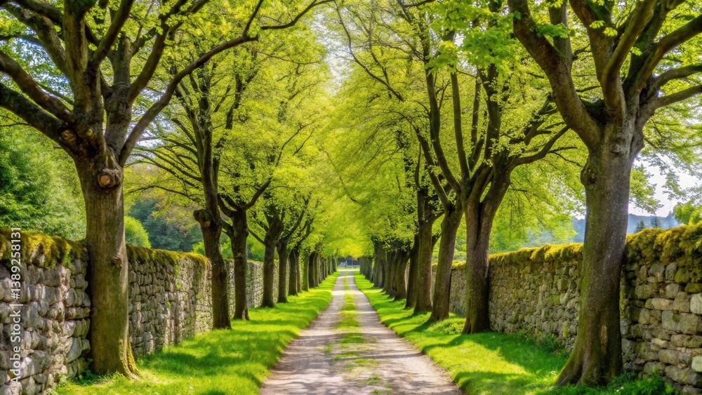 Springtime Path: Long Exposure Photography of Tree Lined Footpath Between Stone Walls Springtime Path: Long Exposure Photography of Tree Lined Footpath Between Stone Walls