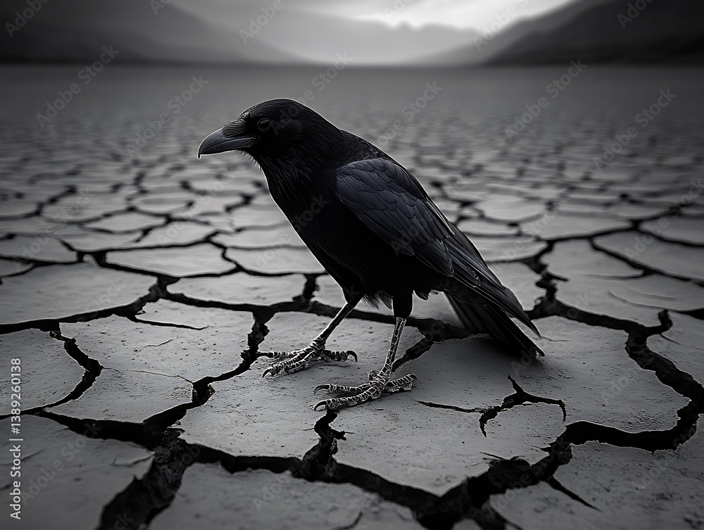 Fototapeta premium A black raven captured in a desolate cracked earth landscape with a mesmerizing monochrome style : Generative AI