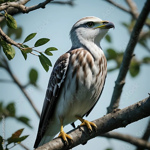 An eagle (Elanus caeruleus) is perched on the branch, overlooking at prey with its sharp eyes