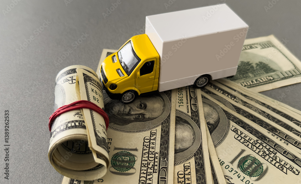 White toy truck with boxes on a light background, space for text. Logistics and wholesale trade concept.
