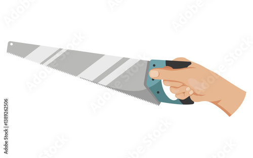Human hand gripping a handsaw with a sharp serrated blade, flat graphic style, isolated on white background. Concept of carpentry tool use. Vector illustration