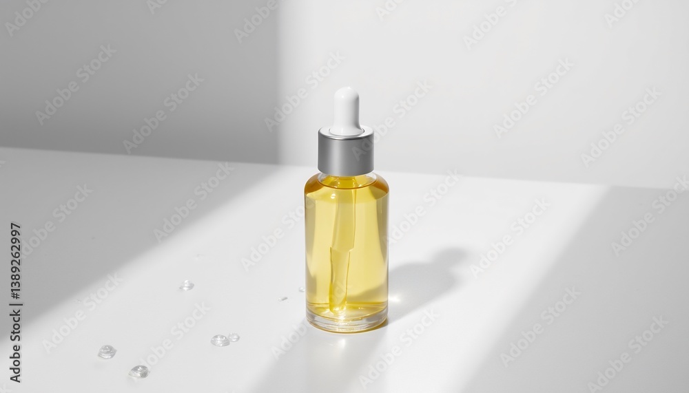 Essential Oil Bottle With Dropper On White Background Minimalist Style Essential Oil Bottle With Dropper On White Background Minimalist Style