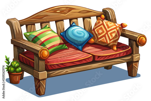 vector of A rustic wooden bench with soft cushions