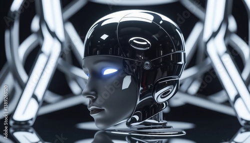 Robotic Female Profile With Glowing Eyes And Metallic Abstract Background Design