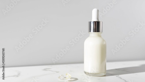 Glass Bottle With Dropper Filled With White Liquid Beauty And Skincare Product