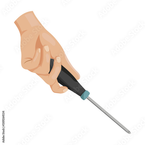 Human hand gripping a screwdriver with black handle in realistic graphic style on a white background. Concept of repair and tools. Vector illustration