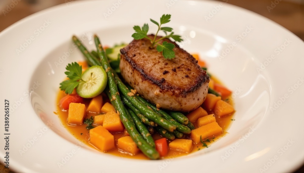 The gourmet meal featured a succulent piece of cooked meat accompanied by vibrant, freshly harvested vegetables The gourmet meal featured a succulent piece of cooked meat accompanied by vibrant, freshly harvested vegetables