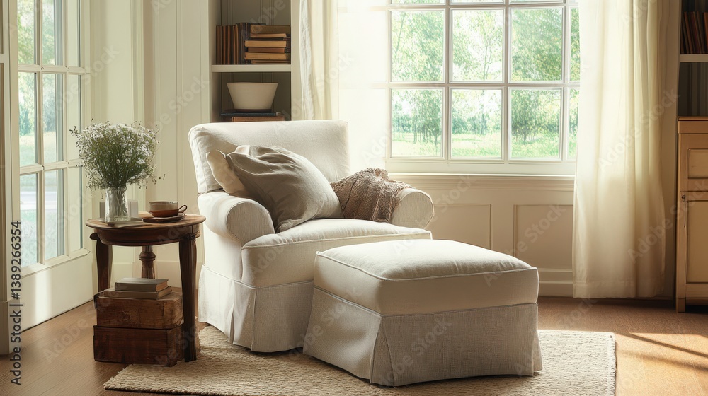 Fototapeta premium A comfortable armchair and ottoman sit near a sunny window