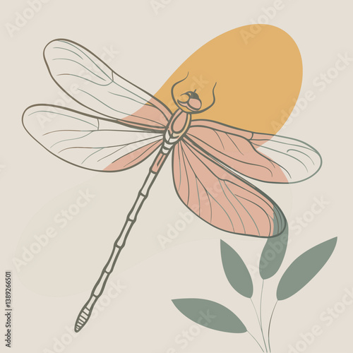 A vector silhouette of a dragonfly resting on a twig, its delicate wings open, 