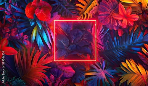 Vibrant Tropical Foliage with Neon Frame