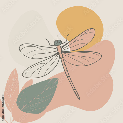 A vector silhouette of a dragonfly resting on a twig, its delicate wings open, 
