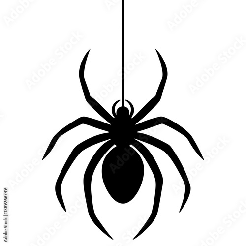 A vector silhouette of a spider hanging from a single thread, 