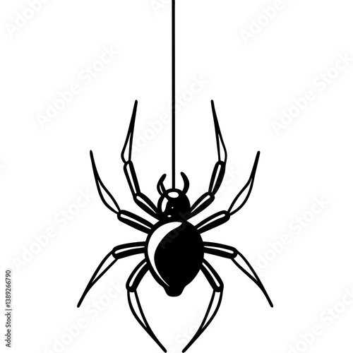A vector silhouette of a spider hanging from a single thread, 