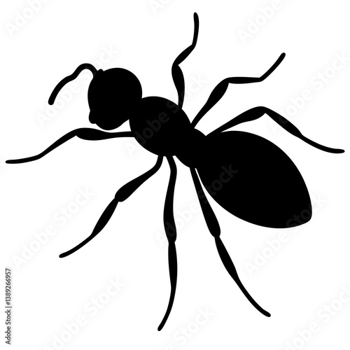 A vector silhouette of an ant walking with its segmented body visible,  