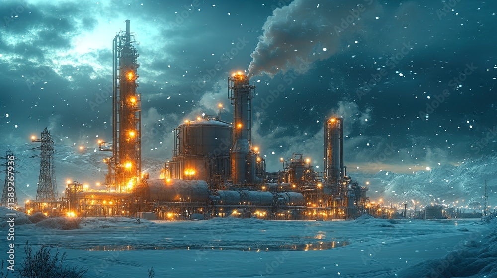 Fototapeta premium A mystical industrial plant glowing with energy amidst a snow-covered fantasy landscape