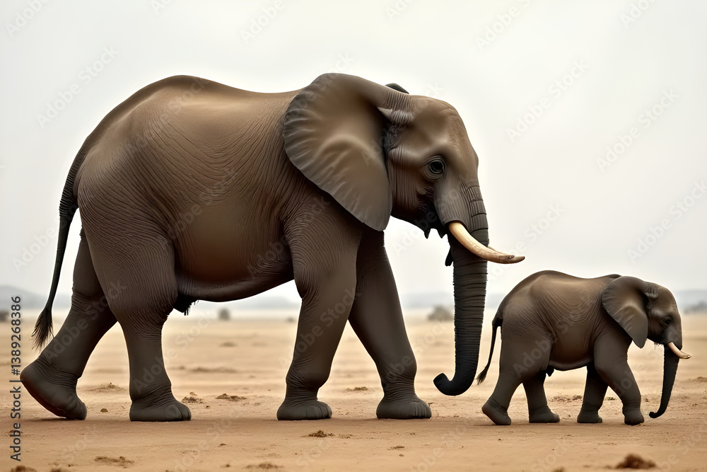 Fototapeta premium Mother elephant walking with her baby in the African savanna