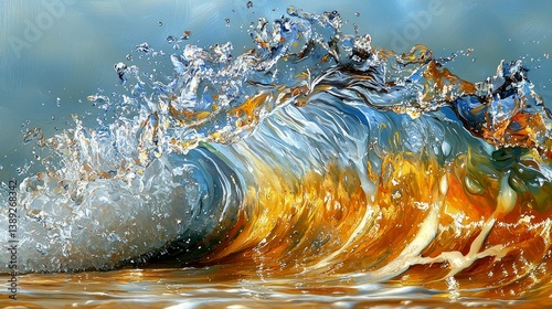 Golden Wave: An Abstract Ocean Painting.  Vivid colors and dynamic motion capture the raw energy of a powerful wave crashing on the shore.