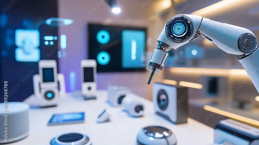 Fototapeta premium A robotic arm in a futuristic smart home device testing lab, surrounded by voice-activated speakers, smart thermostats