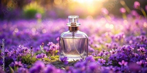 Aromatic essence nestled amidst a vibrant purple floral meadow bathed in golden sunlight