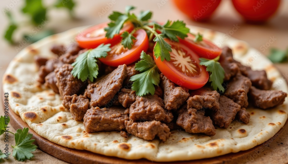 A flavorful and tender grilled beef taco served on a warm flatbread A flavorful and tender grilled beef taco served on a warm flatbread