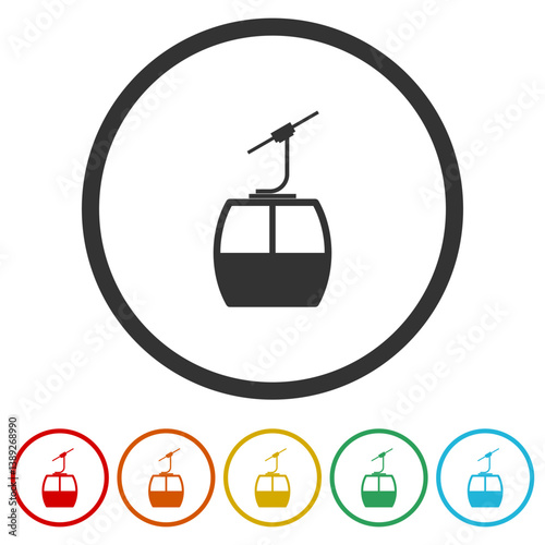 Ski cable lift icon. Set icons in color circle buttons
