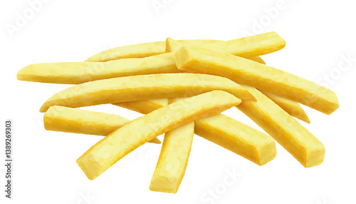 Delicious french fries. French fries are deep-fried potatoes. Yellow sticks, isolated on white background. Fast Food. Unhealthy tasty food. Realistic 3d vector illustration.