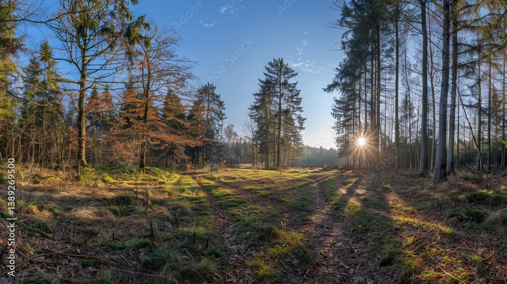 Fototapeta premium Volcanic mountain at sunrise reflected in tranquil lake with clear sky and soft morning light