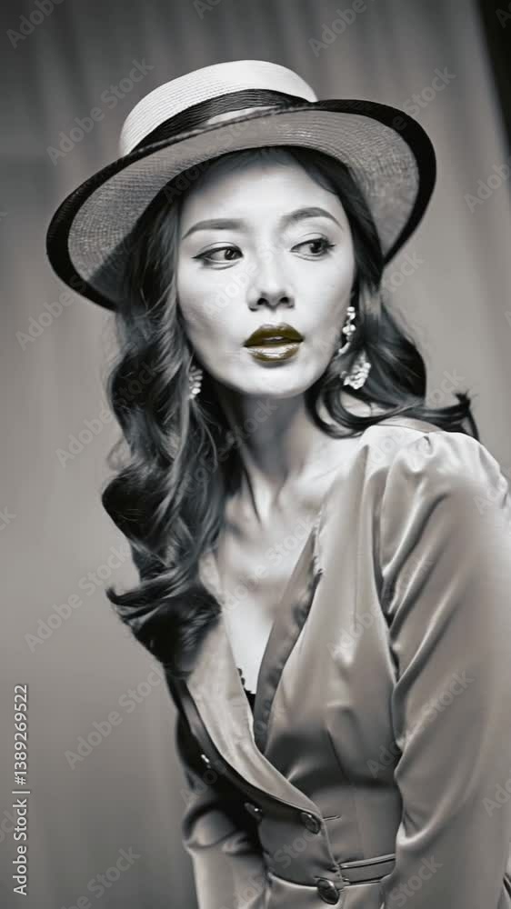 Portrait artistique d'une femme élégante en chapeau vintage