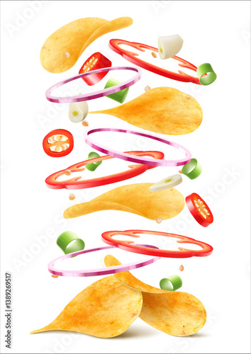 Potato chip ads, tasty seasoned chips flying with purple onions, bell pepper and chili pepper rings, garlic cloves and scallion isolated on white background. Realistic 3d vector illustration