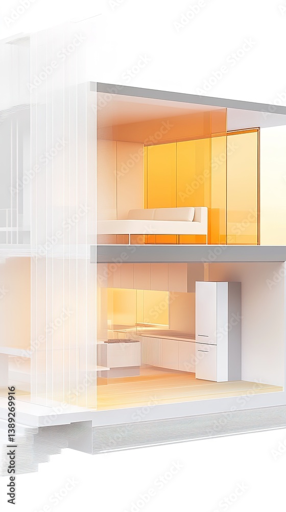 Fototapeta premium Smart Home Cross-Section: Intelligent Fridge Projecting Menus, Adaptive Window Shades, Air Purifier Animation, and Device Status Light Rings. Frosted Glass Texture with Warm Orange Glow for Futuristic