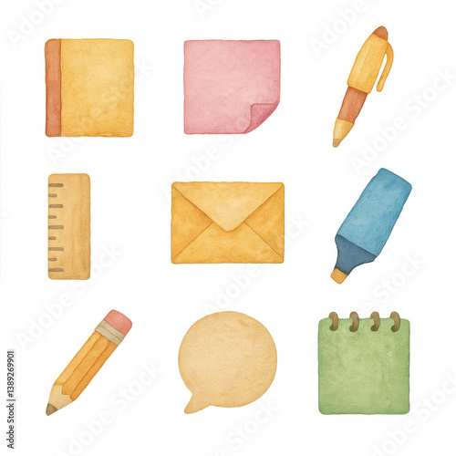 Hand-painted watercolor icons of various office supplies including notebook, pen, ruler, and envelope on transparent background PNG
