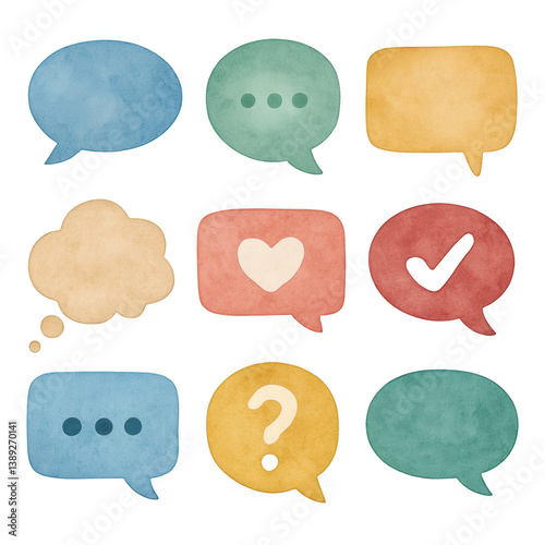 Colorful hand-painted watercolor speech and thought bubbles with icons like heart, checkmark, and question mark for messaging themes PNG