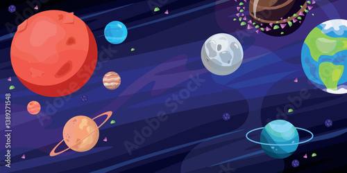 Vector illustration of beautiful outer space with natural space objects. Cartoon scene of the solar system with celestial bodies, astronomical objects, large and small planets, asteroids, meteorites.