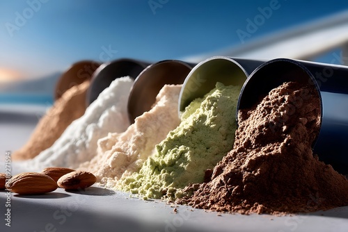 Colorful Selection of Natural Protein Powders and Almonds on Surface