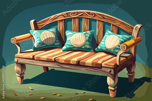 vector of A rustic wooden bench with soft cushions