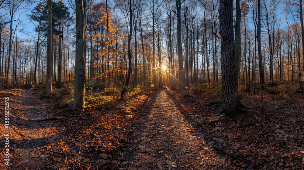 Stunning panoramic view of a forest landscape with sun rays shining through the trees, creating a peaceful and serene atmosphere