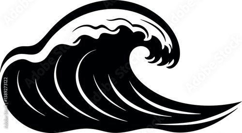 A Powerful Black and White Illustration of a Large Ocean Wave vector silhouette line art