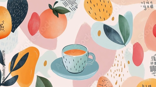 Abstract Teacup and Citrus Still Life in Pastel Hues