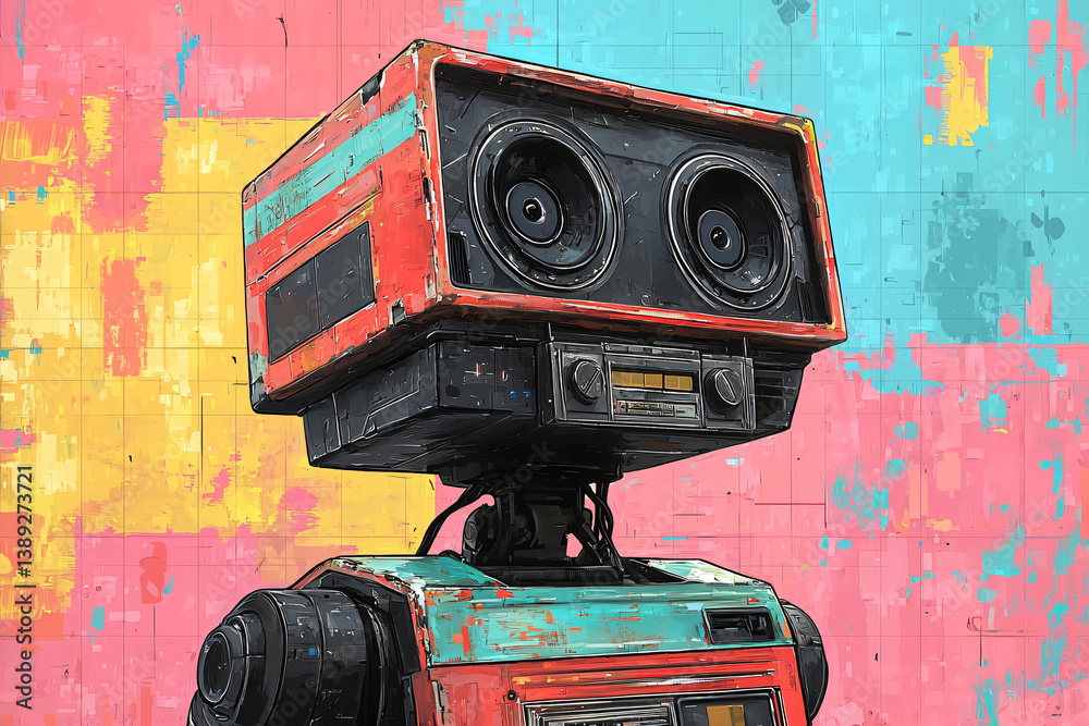 Fototapeta premium Colorful retro robot with speakers against vibrant backdrop