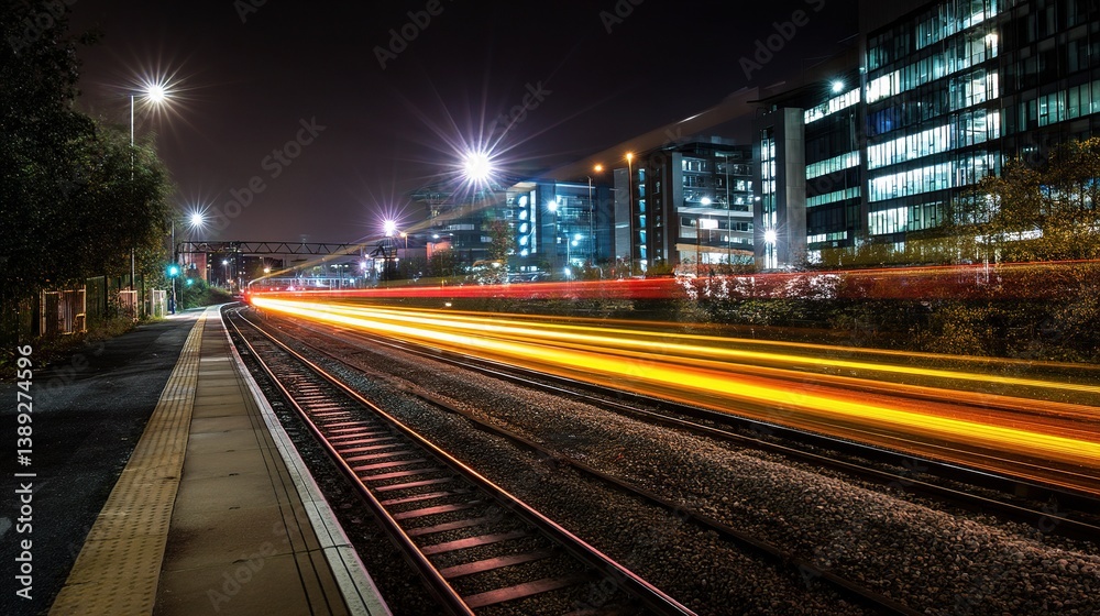 Fototapeta premium Speeding Train Creates Light Trails in Long Exposure Night Scene