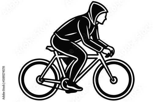 A man bicycling silhouette wearing a hoodie, using flat solid black color design, vector illustration design on a white background.