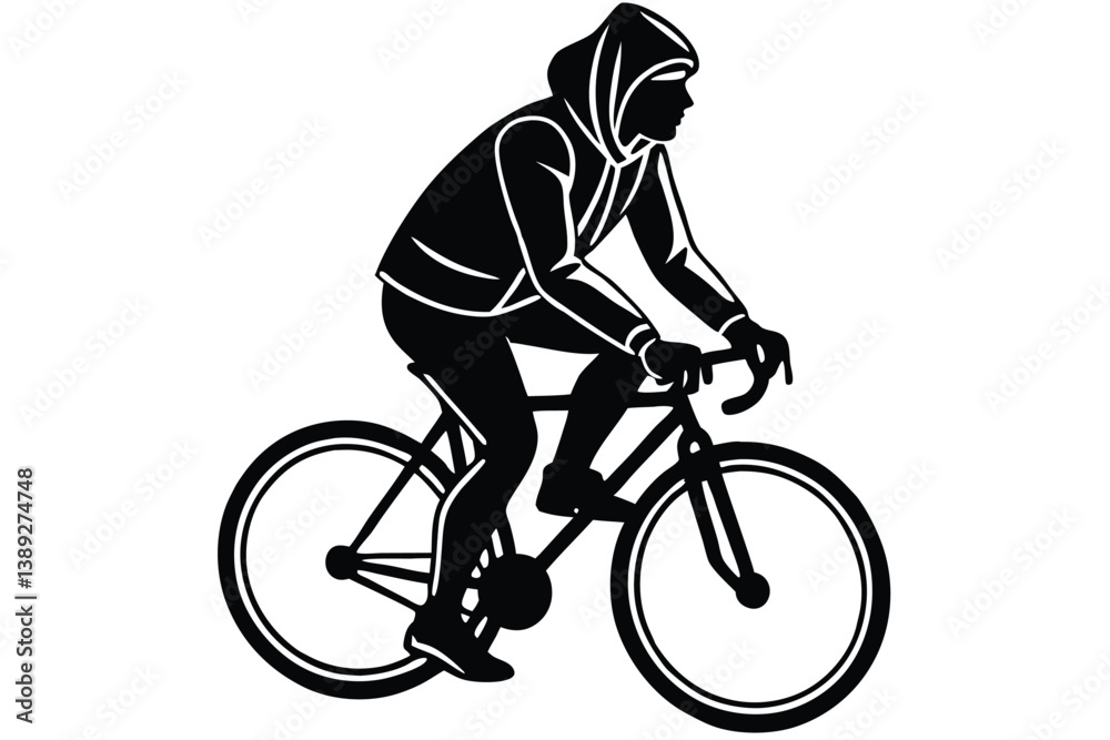 Obraz premium A man bicycling silhouette wearing a hoodie, using flat solid black color design, vector illustration design on a white background.