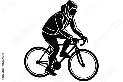 A man bicycling silhouette wearing a hoodie, using flat solid black color design, vector illustration design on a white background.