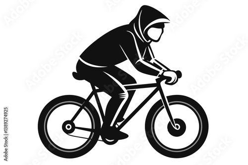 A man bicycling silhouette wearing a hoodie, using flat solid black color design, vector illustration design on a white background.
