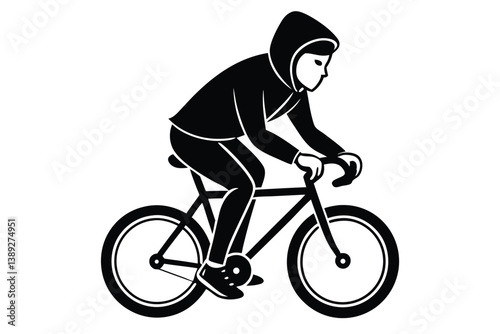 A man bicycling silhouette wearing a hoodie, using flat solid black color design, vector illustration design on a white background.