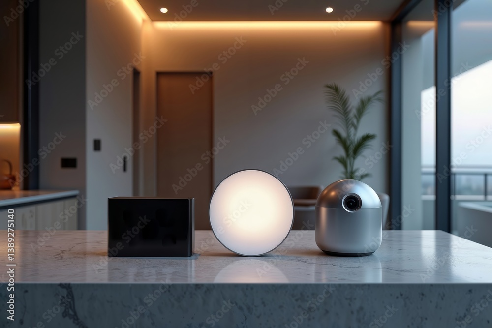Smart home devices on counter. A collection of modern smart home devices including a speaker, light, and camera on a kitchen counter.