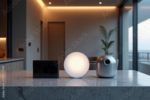 Obraz na płótnie Smart home devices on counter. A collection of modern smart home devices including a speaker, light, and camera on a kitchen counter. w salonie