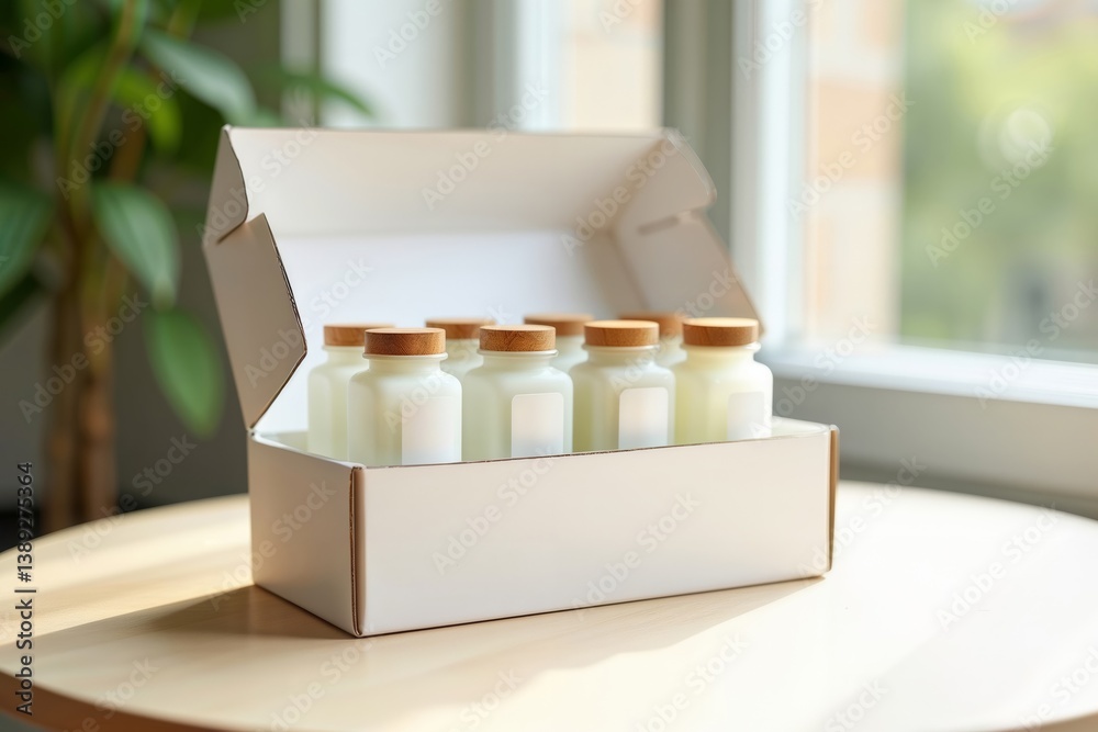 Milk bottles in box. Eight small glass milk bottles with wooden lids arranged neatly in a white cardboard box.