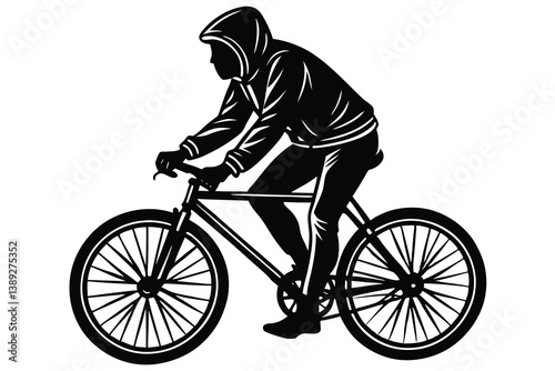 A man bicycling silhouette wearing a hoodie, using flat solid black color design, vector illustration design on a white background.