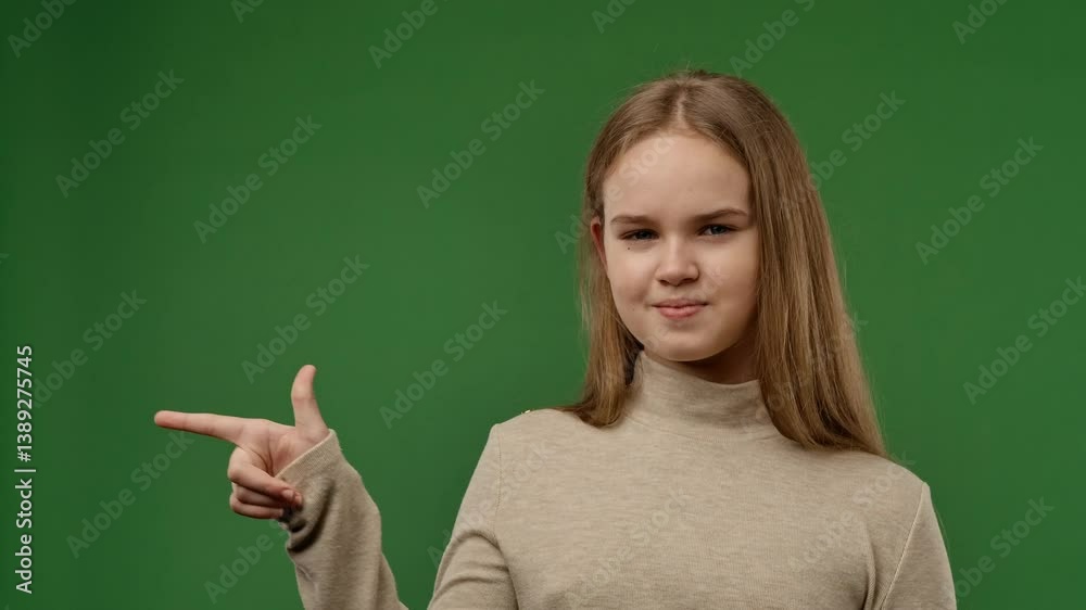 Teenage girl posing at camera pointing finger at side showing thumb up like gesture, positive expression, isolated on chroma key green screen studio background mockup. Slow motion Teenage girl posing at camera pointing finger at side showing thumb up like gesture, positive expression, isolated on chroma key green screen studio background mockup. Slow motion